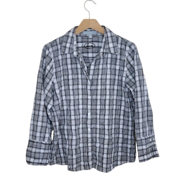Foxcroft | Fitted Black White Textured Plaid Button Front Shirt Size 12 - Picture 1 of 6
